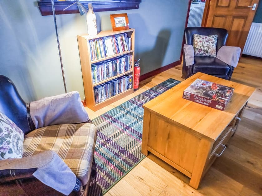 Living room reading corner and DVD library